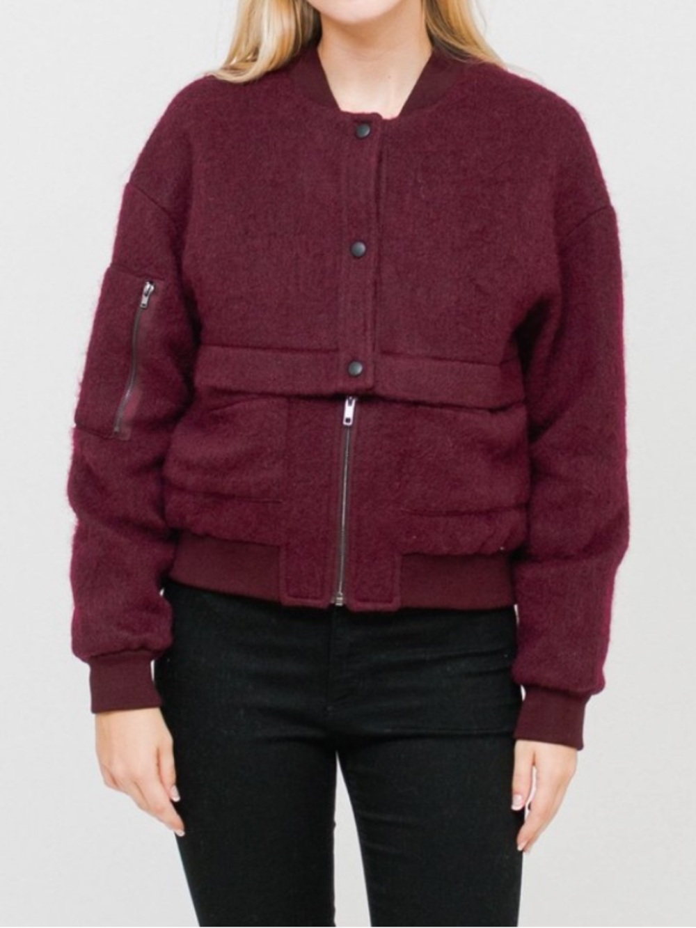 NATIVE YOUTH Maroon Wool-Blend Bomber Jacket, size Small